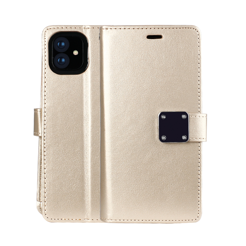 Multi Pockets Folio Flip LEATHER WALLET Case with Strap for iPhone 12 / 12 Pro 6.1 (Gold)